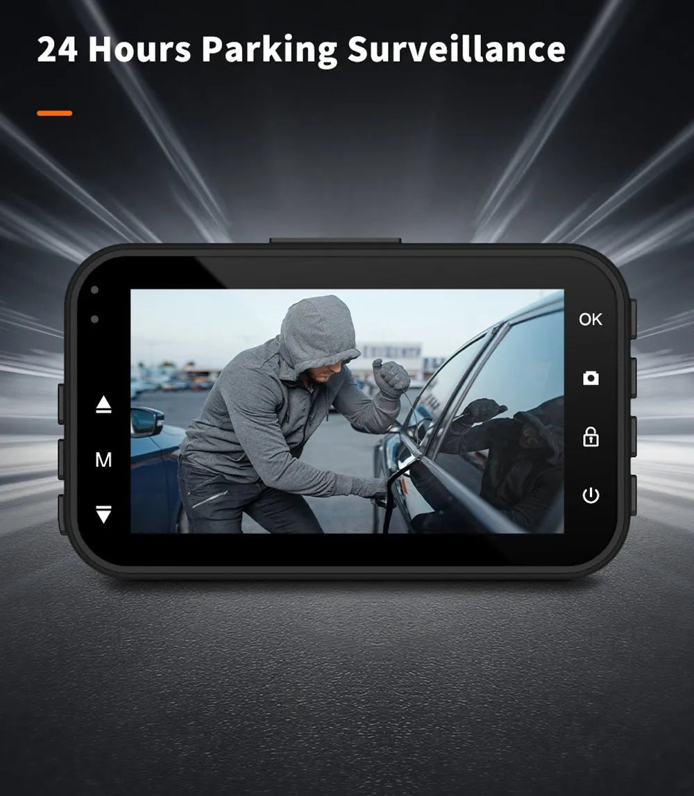 ThiEYE front and rear dash cam with 3-inch screen, suction cup mount, rear camera, and installation cables