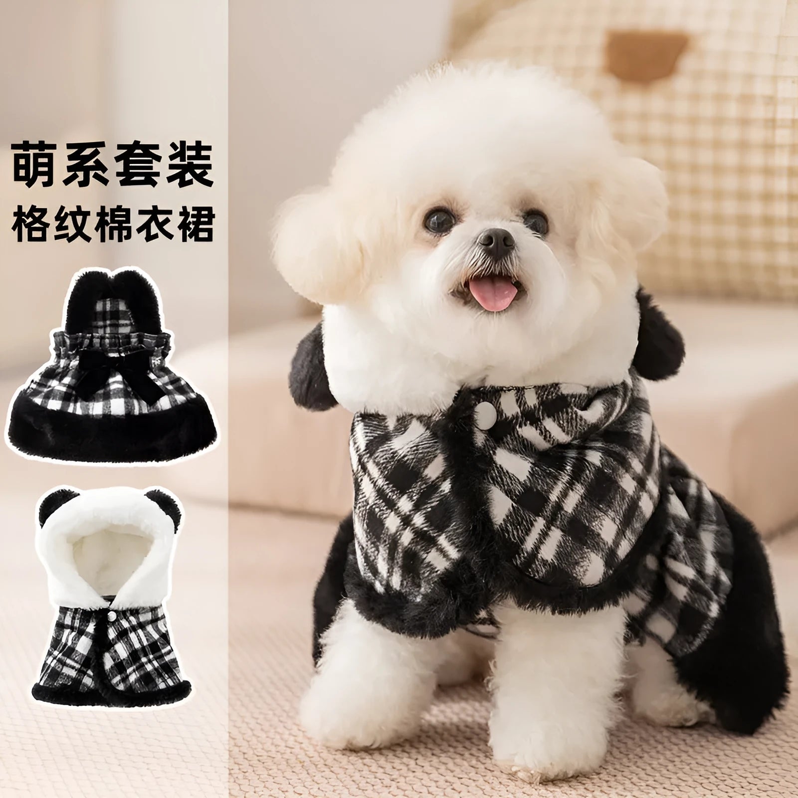 Two-piece dog clothes set with hooded cape and dress in black colour featuring velvet bow