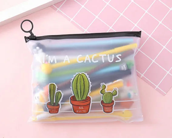 Plastic pen case open showing twenty colourful cartoon cactus design pens with 0.5mm black tips