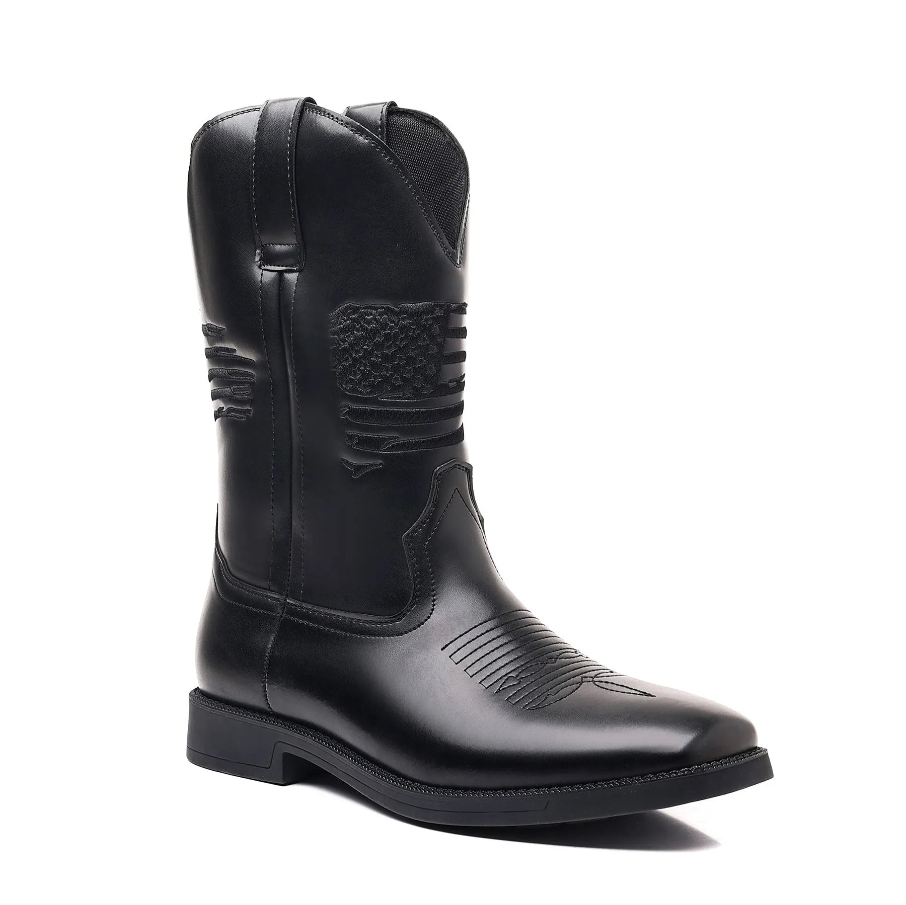 Brown retro cowboy boots with embroidered design, square toe, and high shaft