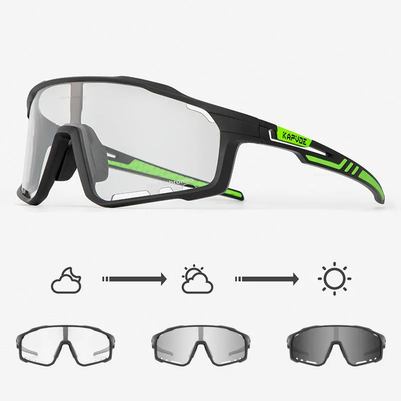 Photochromic cycling sports goggles with TR90 frame and semi-rimless design shown in multiple colour options.