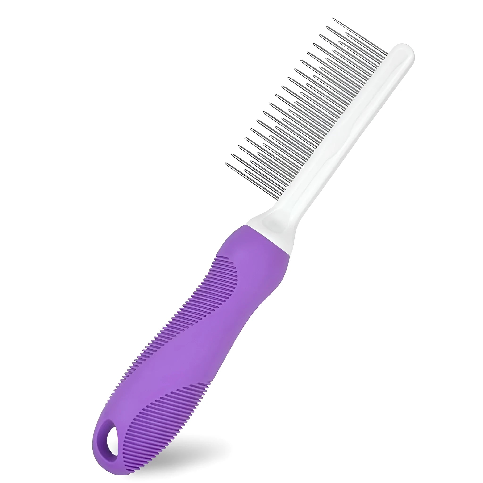 Purple pet grooming comb with stainless steel teeth and ergonomic handle for dog and cat coat detangling