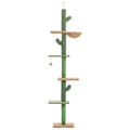 Tall solid wood cat tree with scratching posts, platforms, an enclosed cat nest, and a hanging toy.