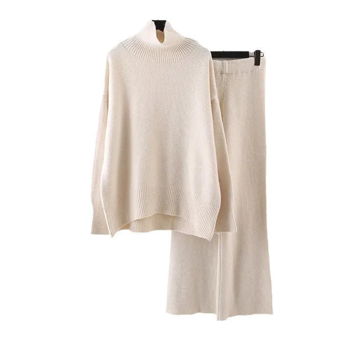 Women's casual acrylic sweater and wide leg trousers two-piece set in solid colour