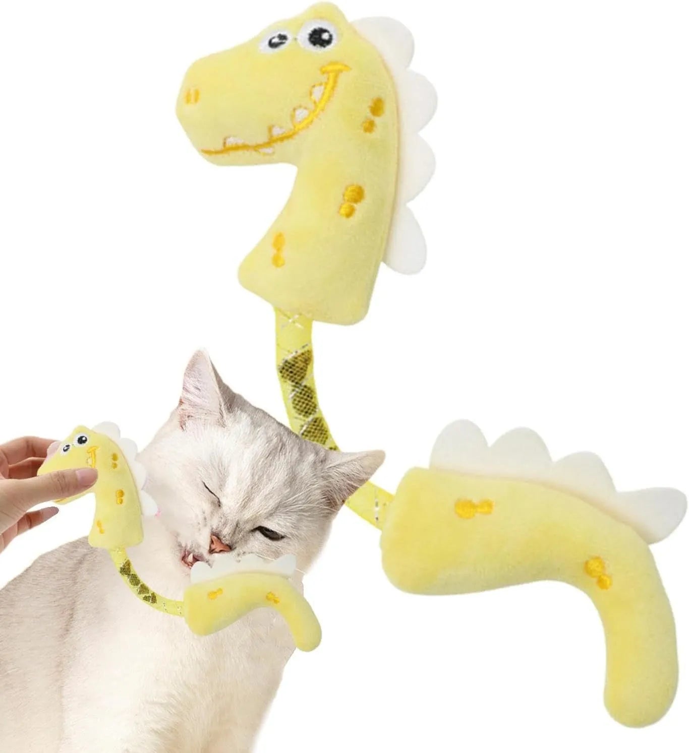 Set of four cat toys: plush fish, mouse, bunny, and a catnip rope on a plain background