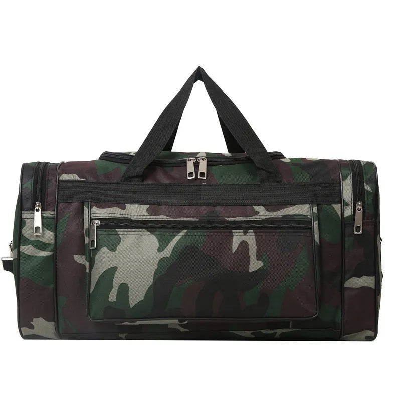 Camouflage coloured waterproof luggage bag with striped interior