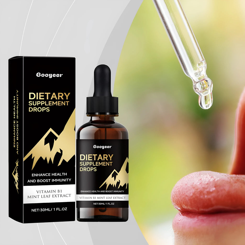 Clear bottle of amber liquid dietary supplement drops with a black dropper top.