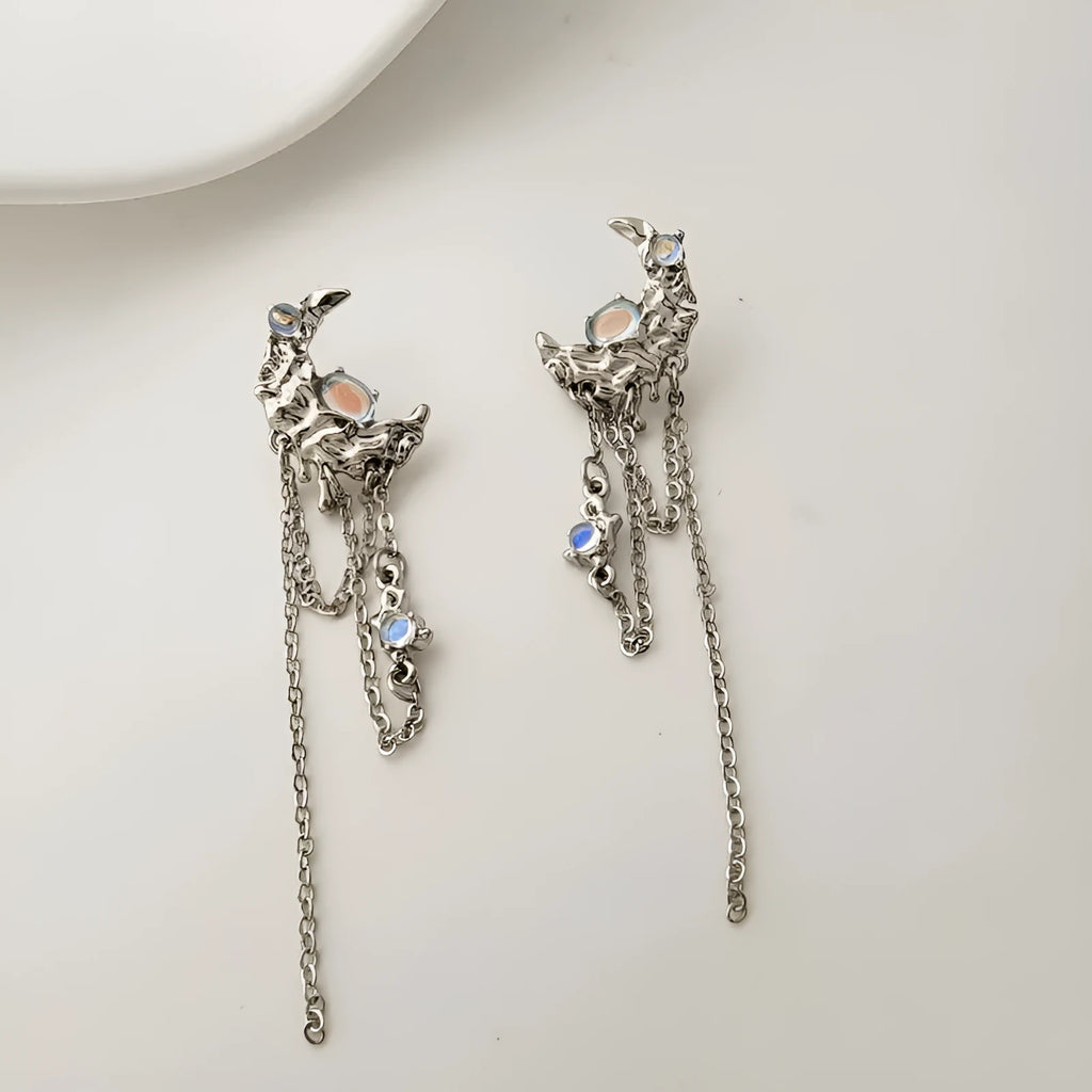 Pair of S925 silver needle moon earrings with long fringe and irregular polka dot detailing in silver tone