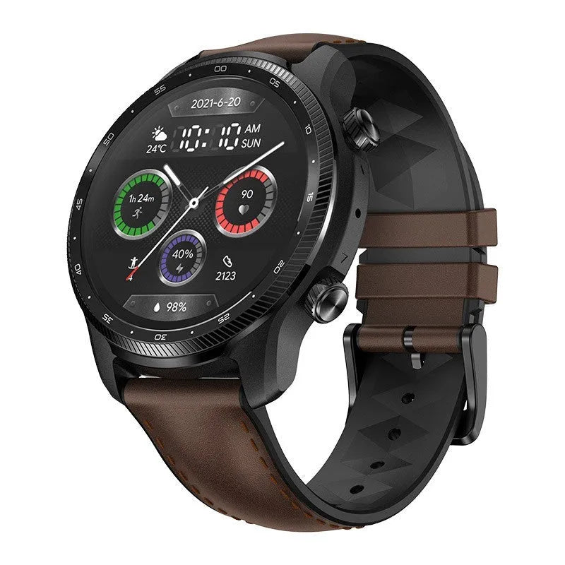 Ticwatch Pro X black smartwatch with round 47mm display showing watch face and activity tracking data