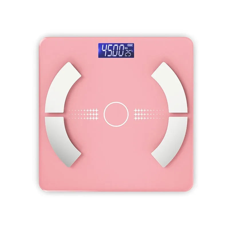 Smart Bluetooth body fat scale in white, black or pink with USB charging for weight, body fat, moisture and calorie measurement