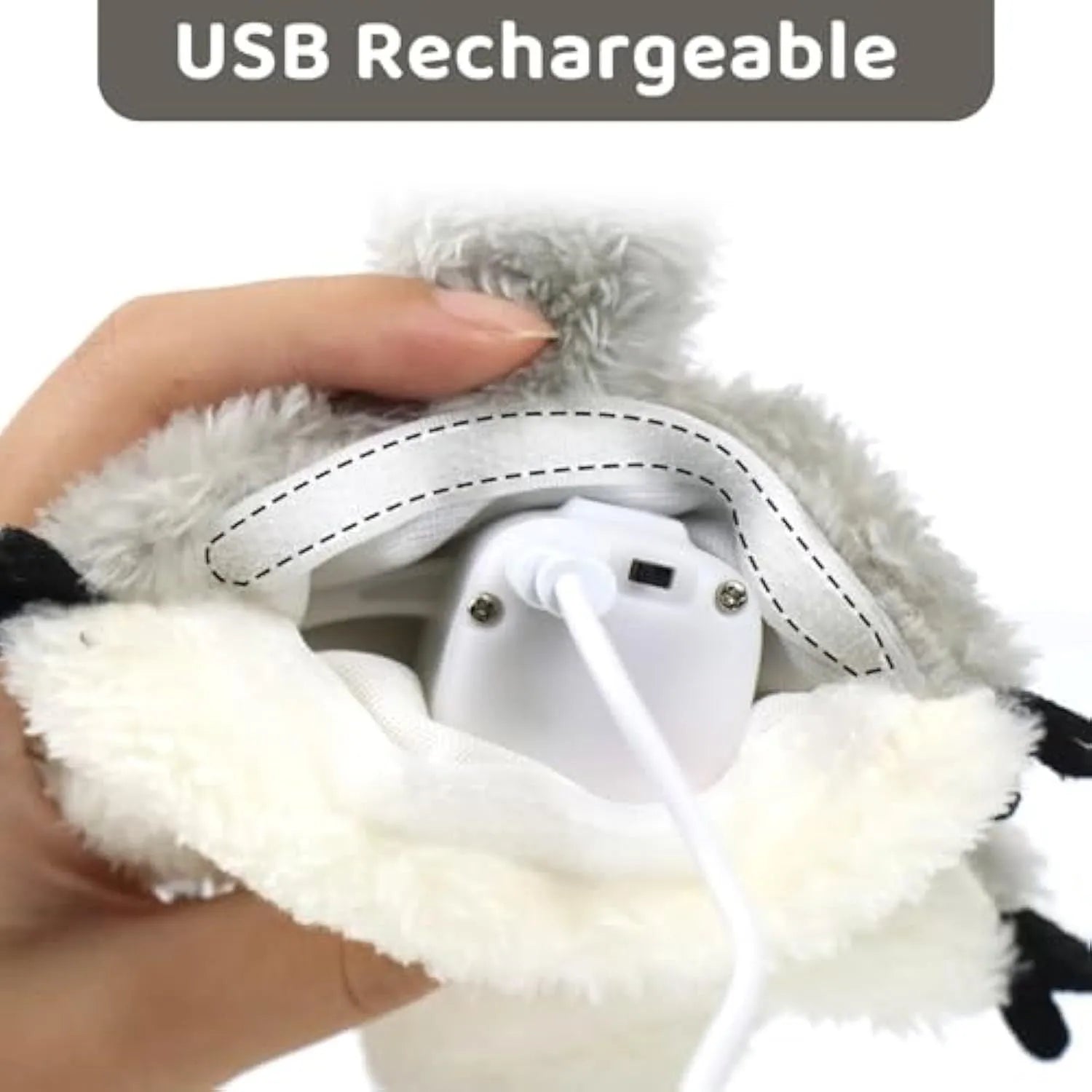 Gray flapping squirrel cat toy with USB charging cable for interactive feline play