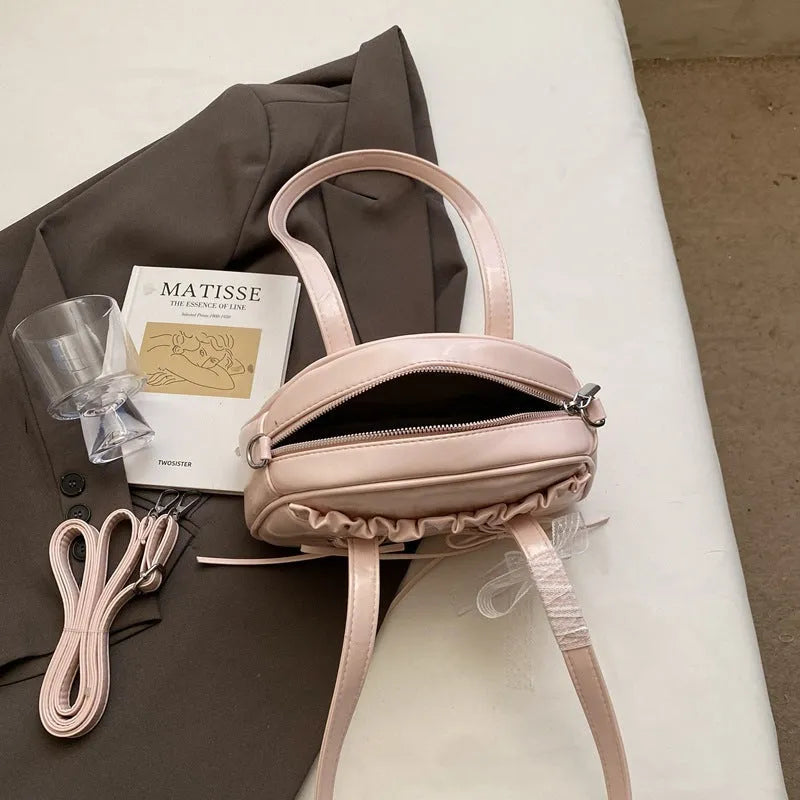 Milky white PU leather ladies shoulder bag with bandage bow and crossbody strap