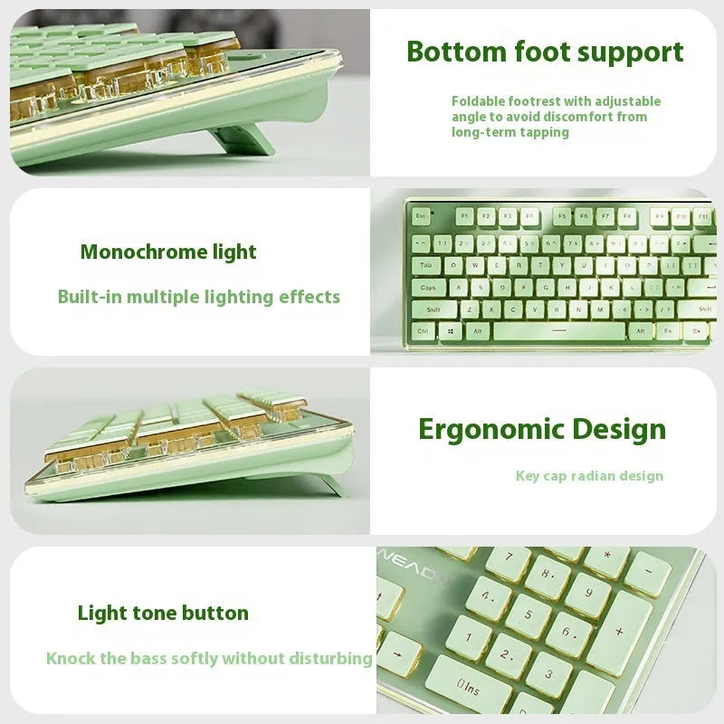 Prewalker V3 retro green coloured quiet keyboard and mouse set on a desk