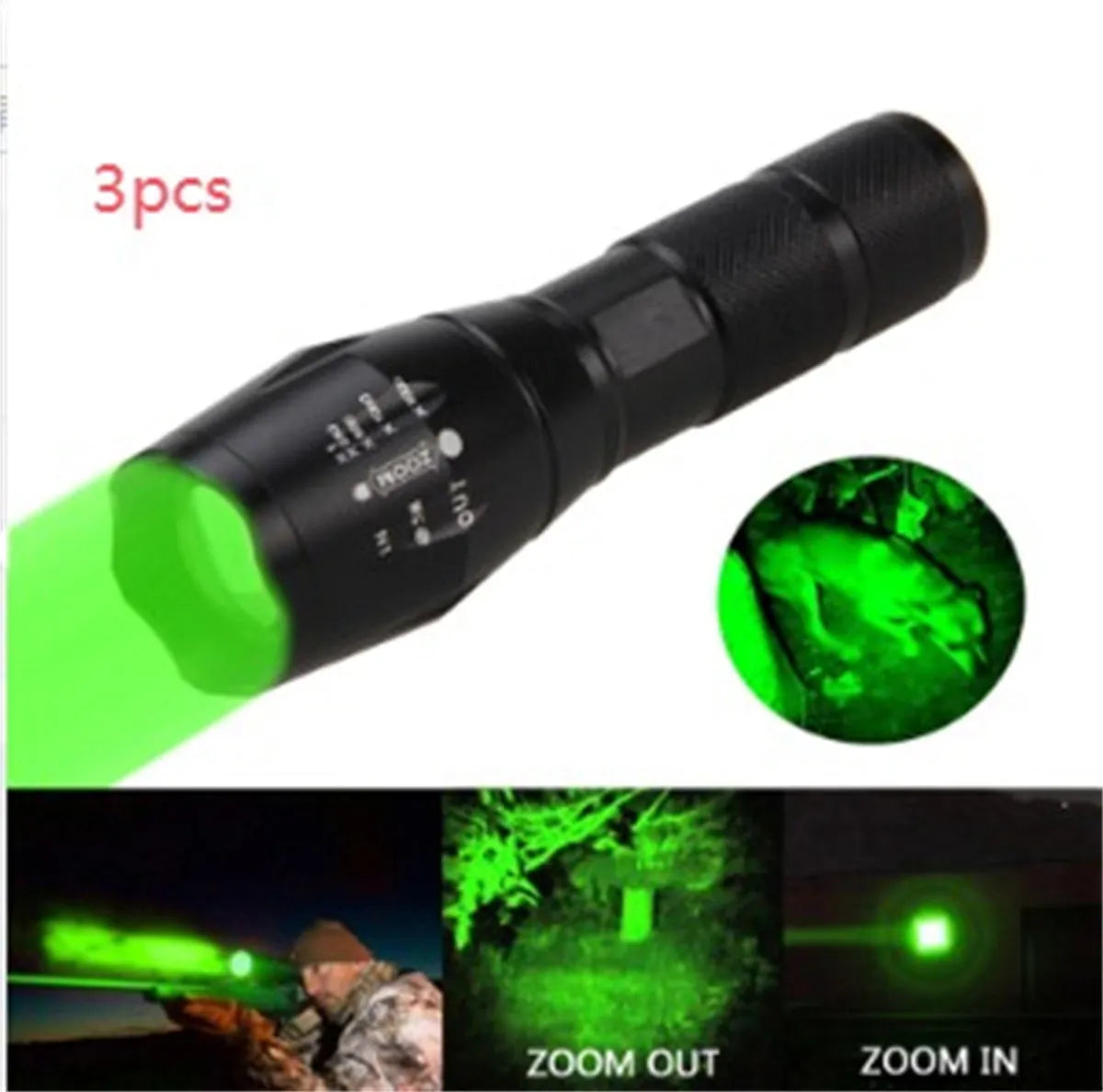 Black aluminium alloy zoomable LED flashlight with adjustable focus head for outdoor use.