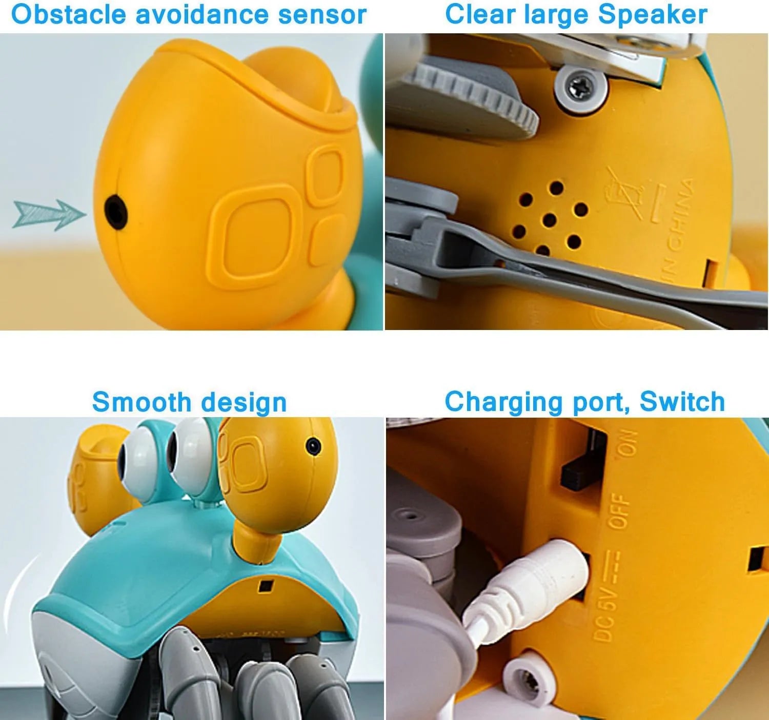 Blue interactive electronic crab dog toy crawling on floor with obstacle avoidance sensors and lights.