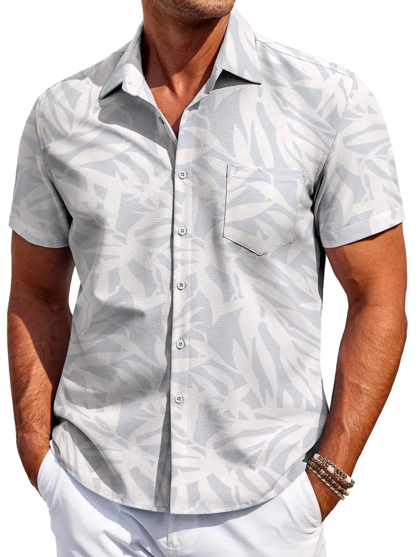 Men's slim fit Hawaiian-inspired cardigan shirt in elastic polyester fabric