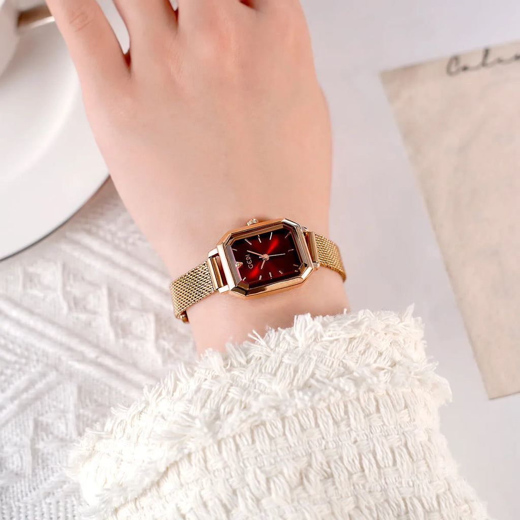 Square retro casual watch for women with rose gold case shown in multiple colour options