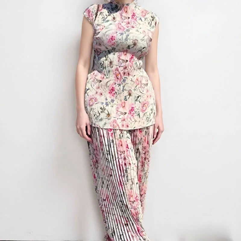 Women's long sleeve printed chiffon dress set with high-waist skirt and matching top