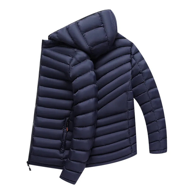 Man wearing a lightweight solid-colour hooded down jacket with a detachable collar and zipper pockets.
