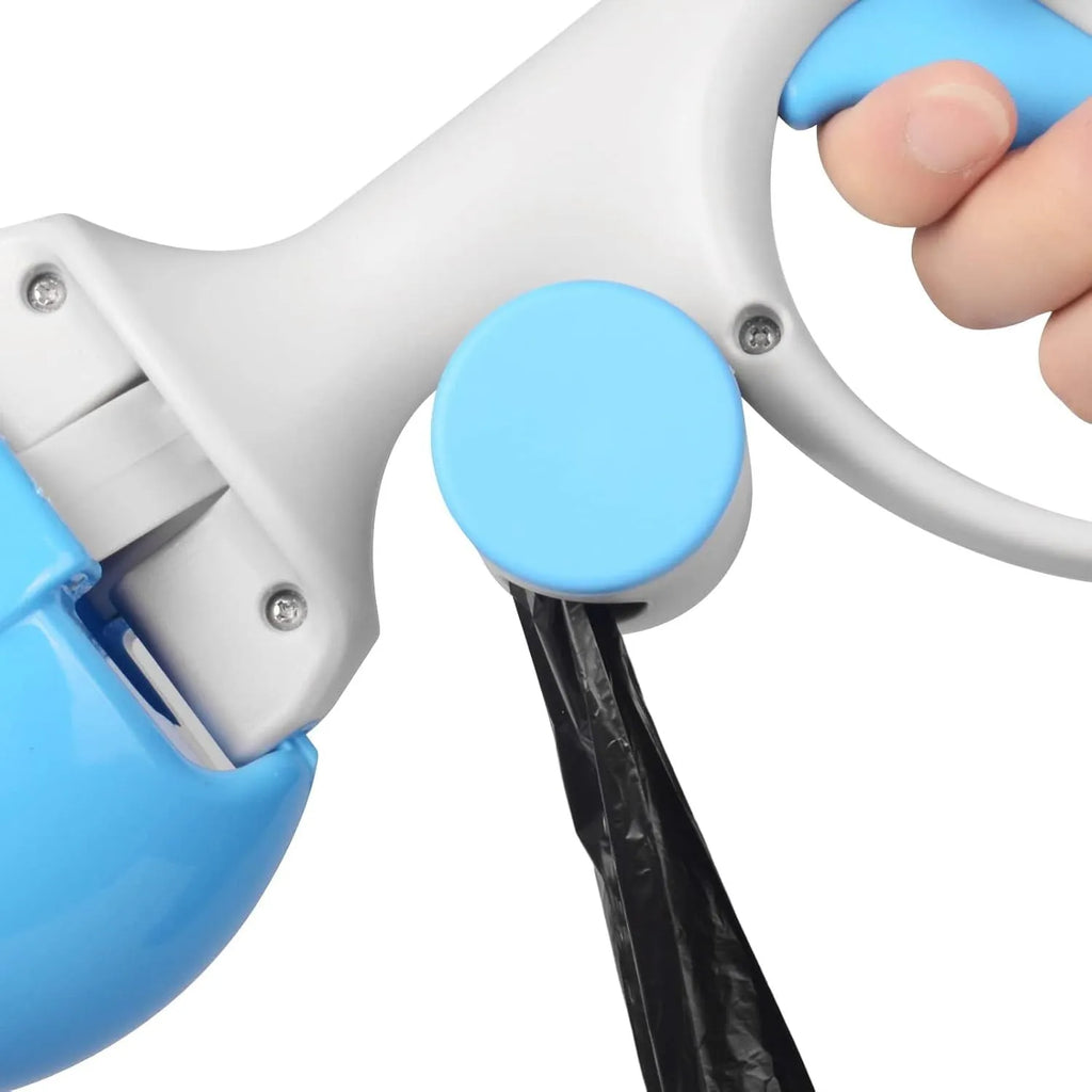 Heavy-duty ABS plastic pet pooper scooper with built-in trash bag holder and top carrying hook.