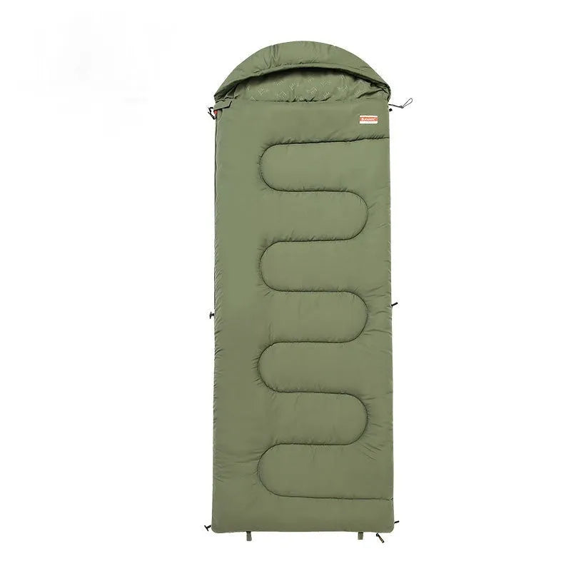 Cotton camping sleeping bag in ochre colour folded to show portable design