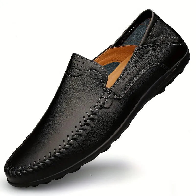 Men's brown leather casual shoes with round toe design and rubber sole for business casual wear