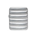 Black padded laptop sleeve with elastic sides for 9.7-11 inch devices, shown next to a storage bag.