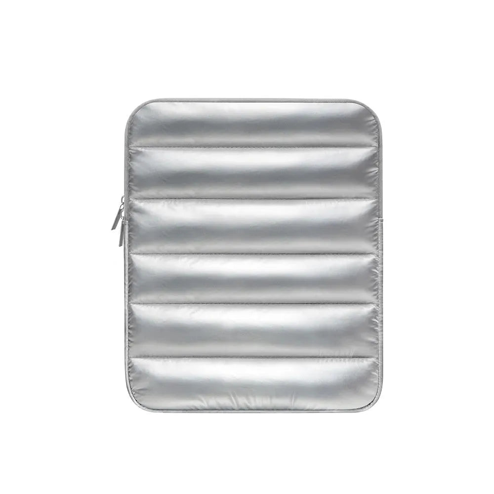Black padded laptop sleeve with elastic sides for 9.7-11 inch devices, shown next to a storage bag.