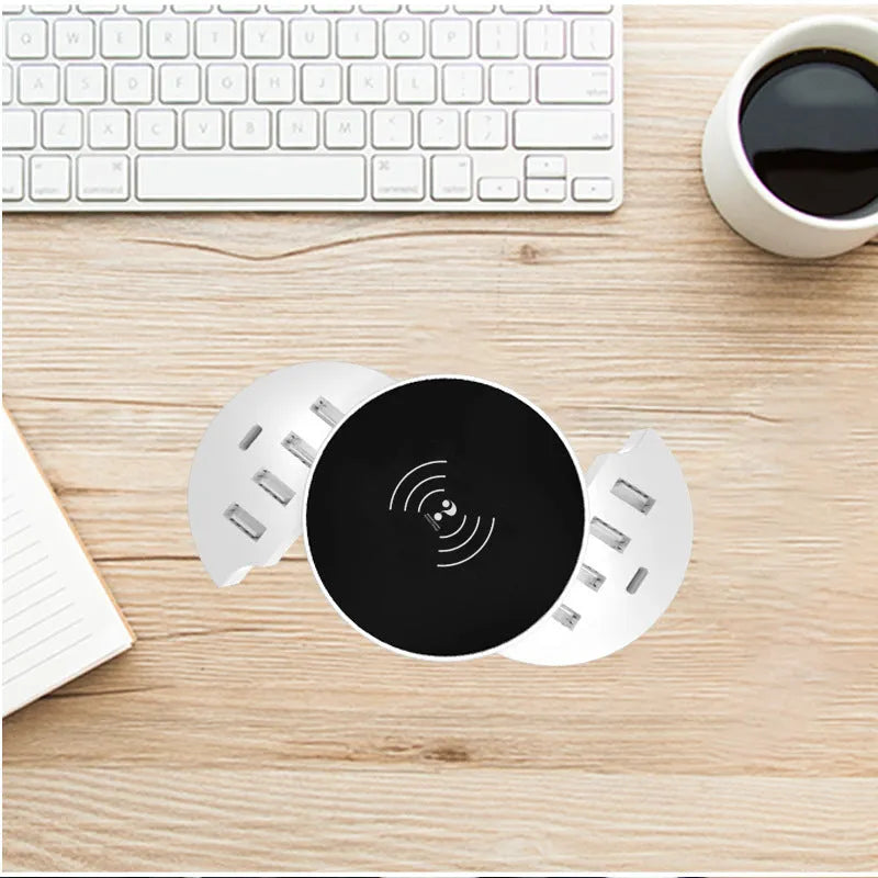Ceramic white circular wireless charger with multiple ports and international plug adapters