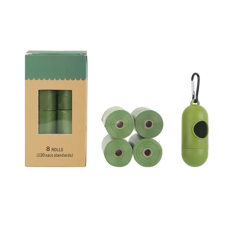 Rolls of green, black, blue, purple and orange degradable pet poo bags with a portable dispenser