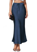 Asymmetric acetate satin skirt with high waist and irregular stitching detail in solid colour.