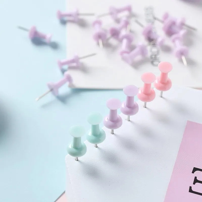 Plastic push pins in mint green, lavender, and pink, showing large and small sizes in a small box.