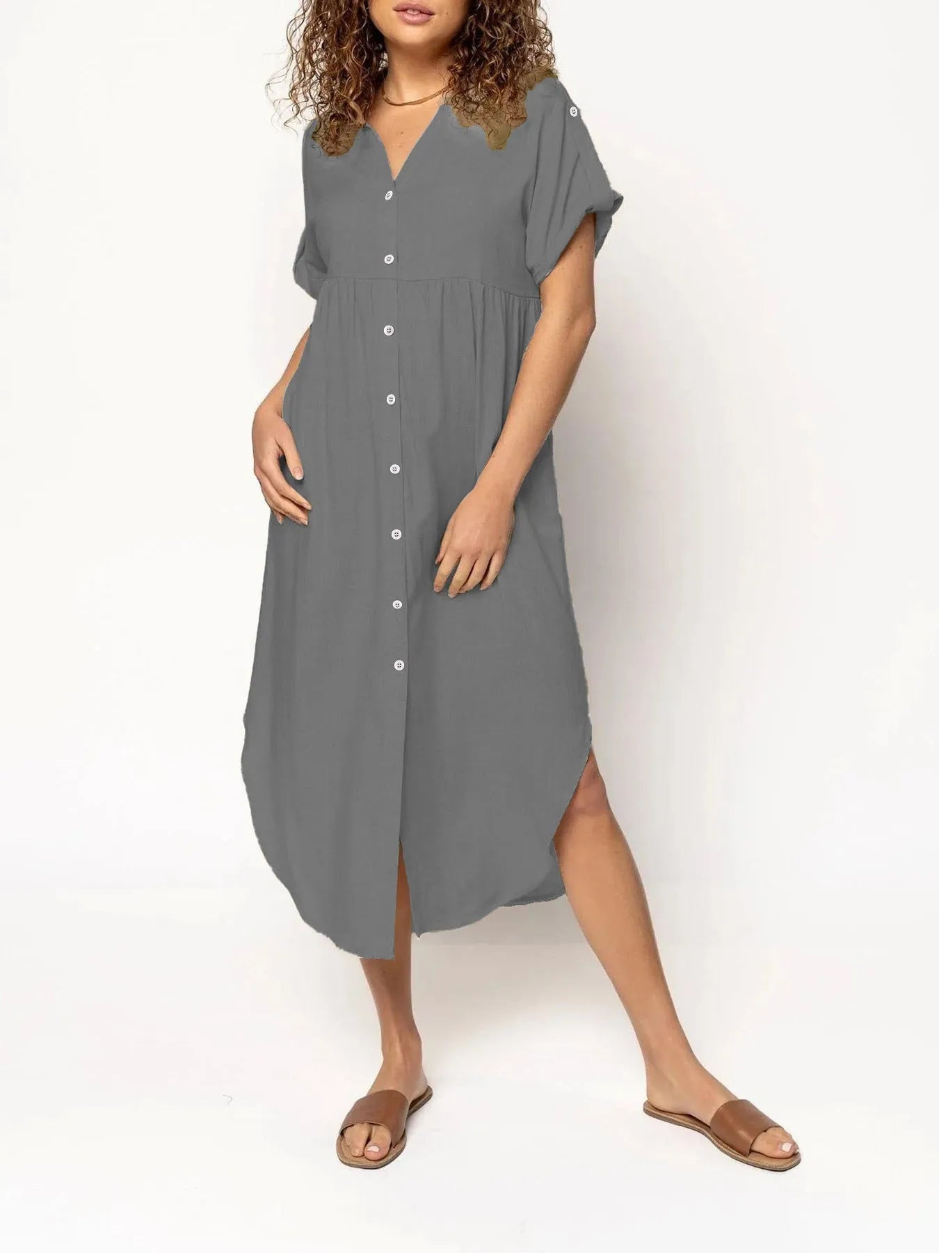 Loose casual button-front mid-length dress in solid colour
