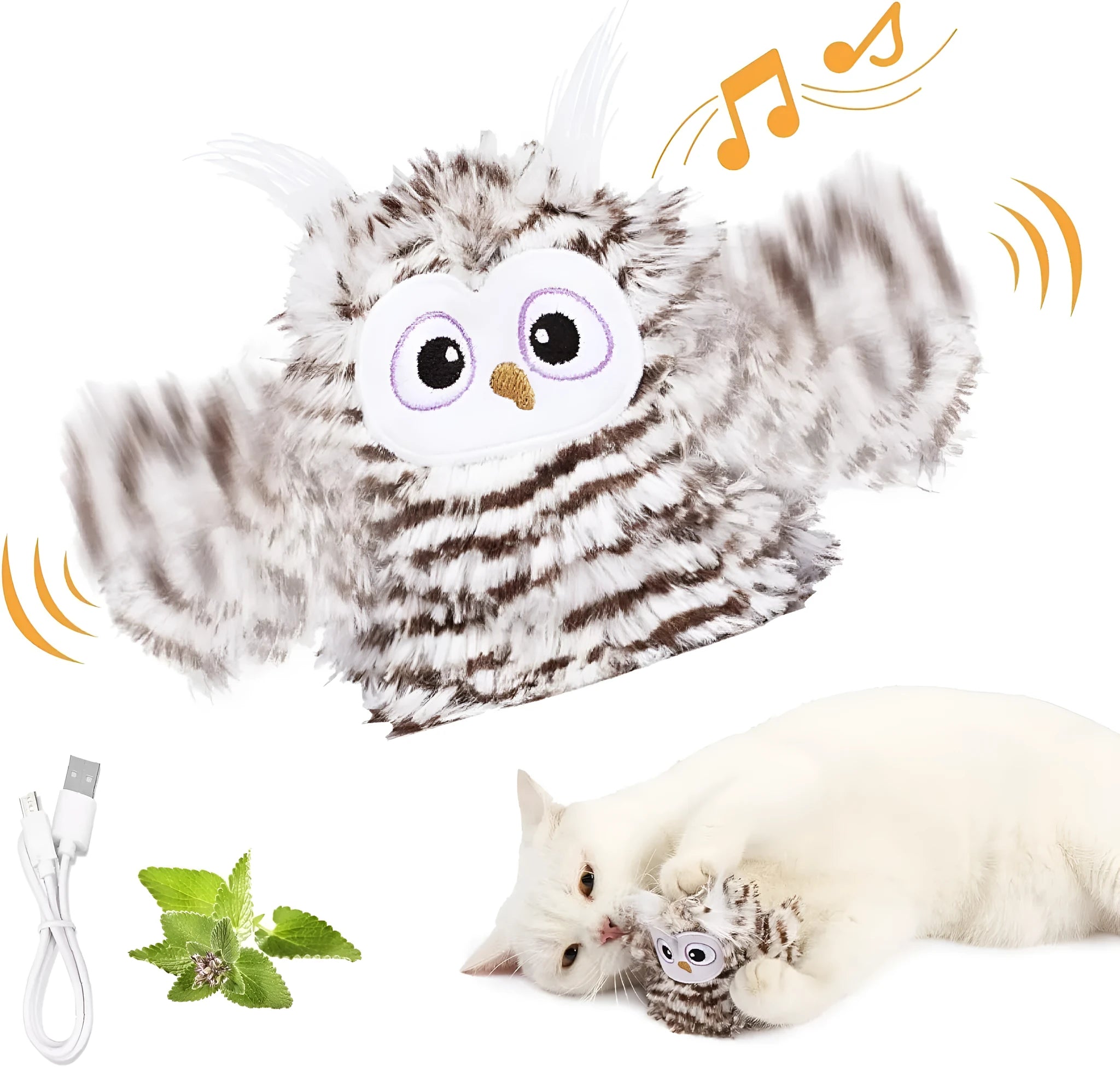 Grey owl-shaped automatic cat toy with flapping wings on a flat surface