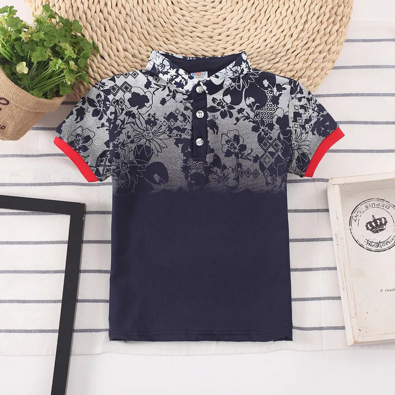 Solid colour short-sleeve cotton T-shirt for children with a lapel collar.