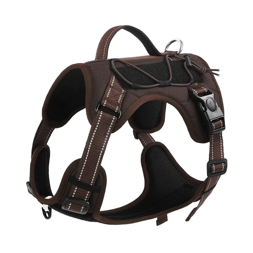 Reflective explosion-proof dog harness with attached hand-holding rope in orange colour, showing adjustable straps and safety features