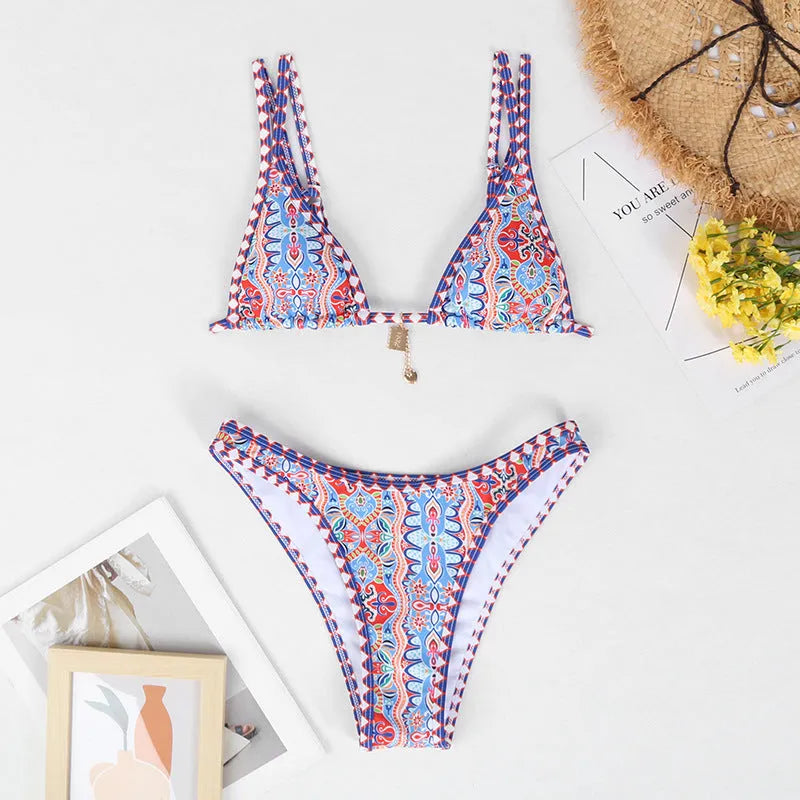 Retro patterned women's bikini swimwear in polyester fabric with four colour options