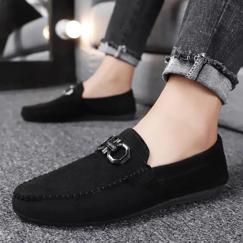 Men's black and grey suede casual shoes with rubber sole on a white background