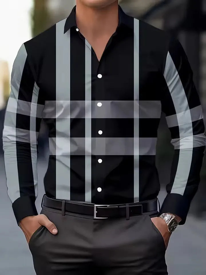Men's black and blue striped long sleeve shirt with a button lapel collar on a hanger.
