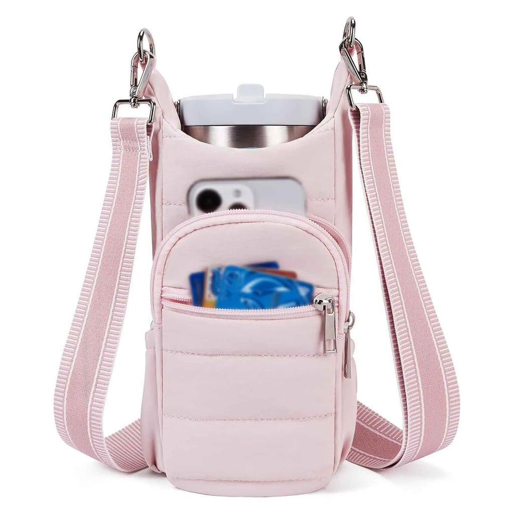 Cloth water bottle bag for bicycle frame mounting in black, pink or beige colours