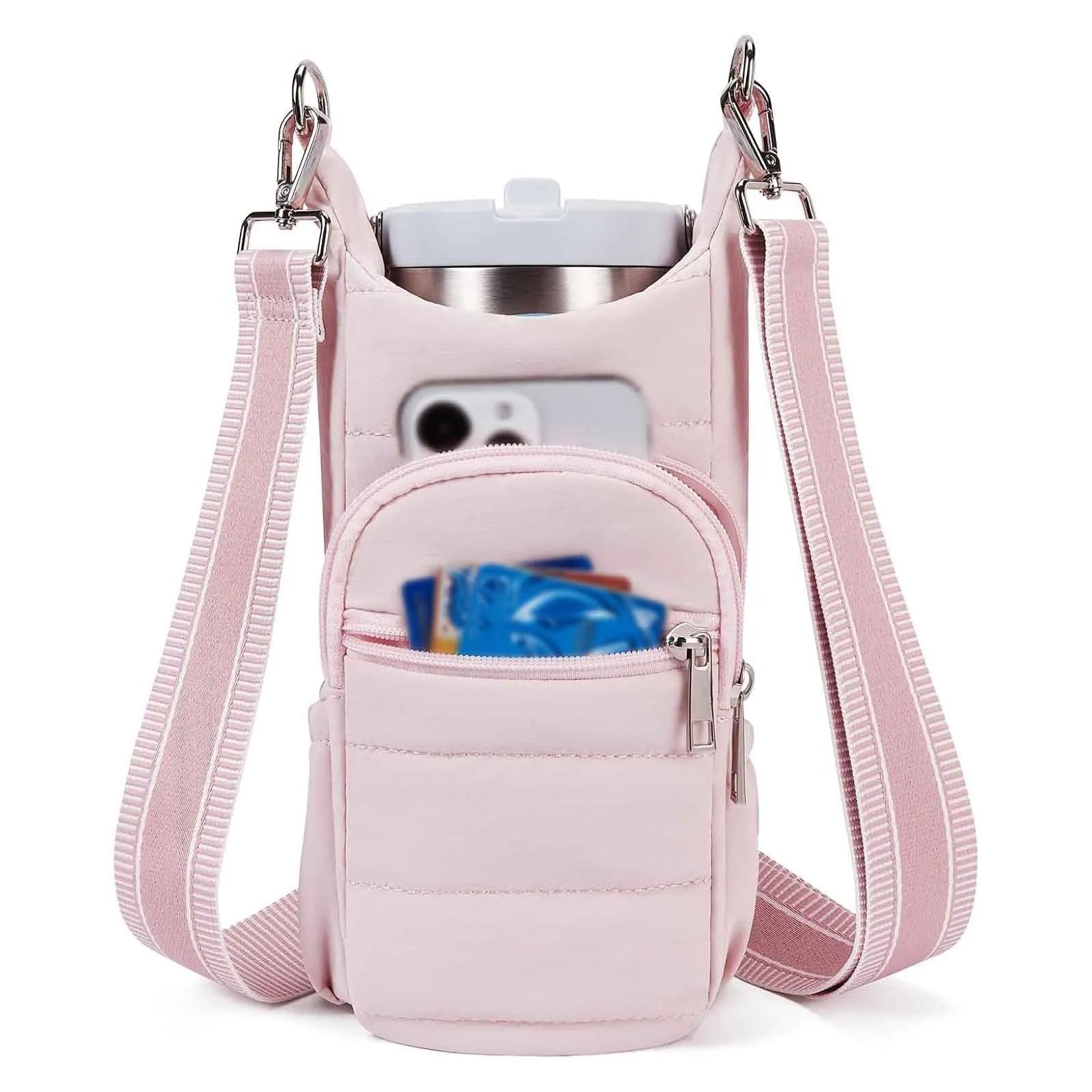 Cloth water bottle bag for bicycle frame mounting in black, pink or beige colours