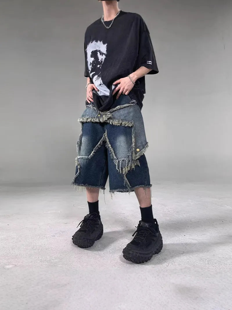 Blue denim shorts with frayed five-pointed star embroidery in loose fit style