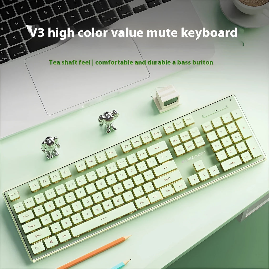 Prewalker V3 retro green coloured quiet keyboard and mouse set on a desk