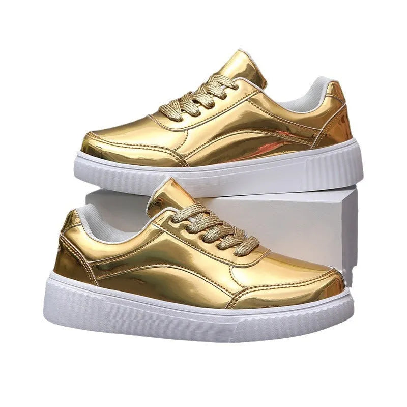 Unisex rose gold sequin platform sneakers with thick sole and round toe.