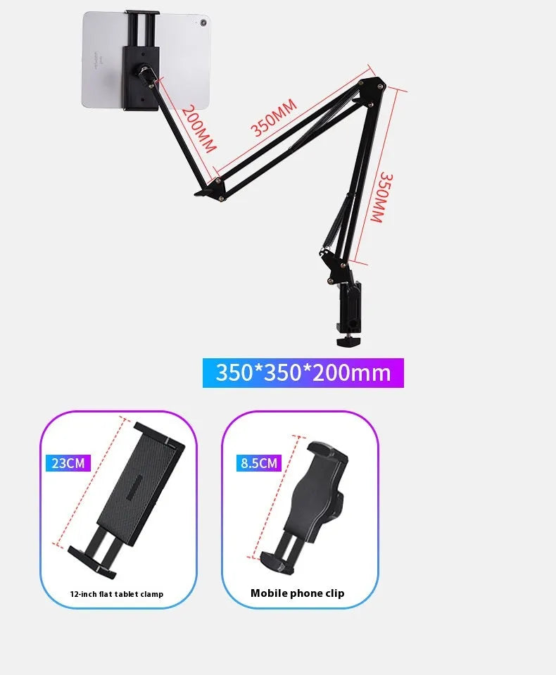Black foldable metal cantilever bracket holding a tablet, extended on a desktop.