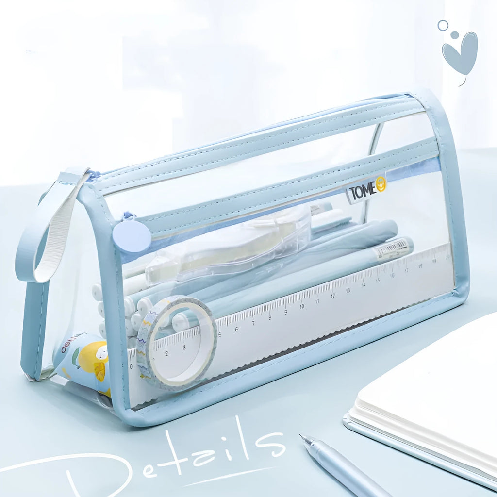 Transparent double-layer pencil case showing two compartments, 220x110x80mm dimensions