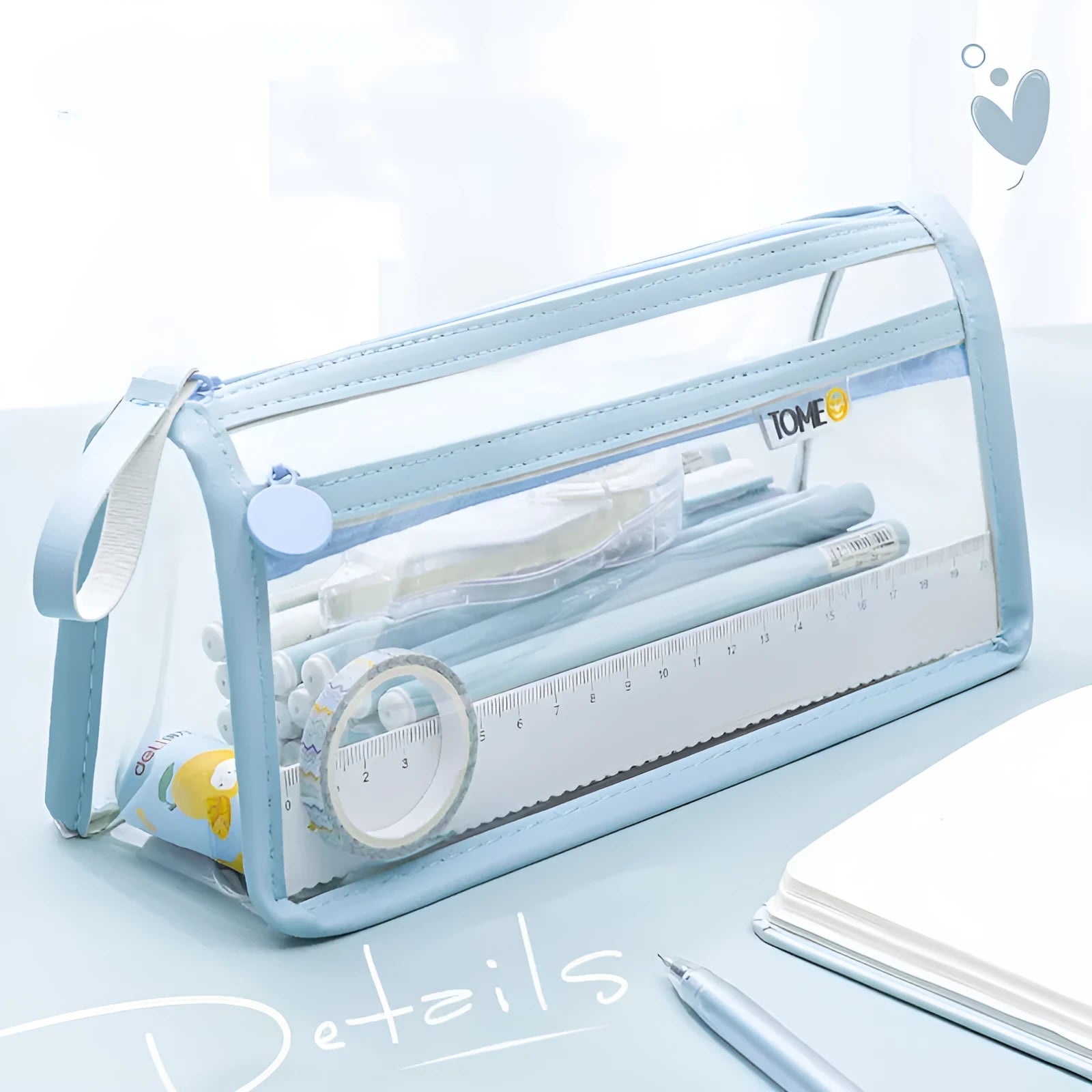 Transparent double-layer pencil case showing two compartments, 220x110x80mm dimensions
