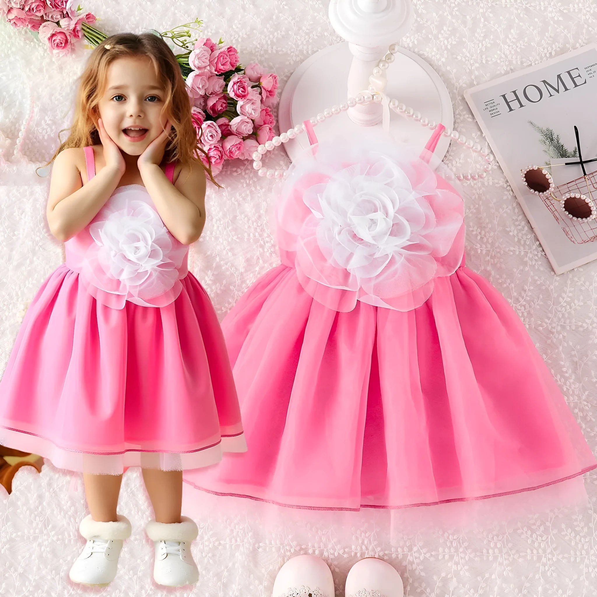 Pink floral strap puffy polyester dress for baby girls suitable for heights 6-9M to 2-3Y